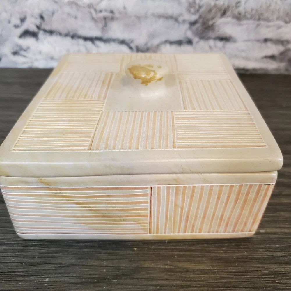 Square Carved Soapstone Trinket Box W/ Lid Geometric Neutrals HEAVY Kenya